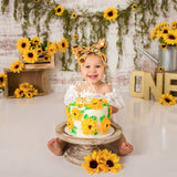OSNIE Sunflower Wood Cake Topper Decor Happy 1st Birthday Party Decor One Cake Smash Dessert Topper Supplies Summer Sunflower Party Favors for Birthday Baby Shower Wedding Anniversary (Rustic Wood)