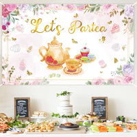 OSNIE Let's Partea Backdrop Banner Floral Tea Party Decorations Supplies for Pink and Gold Bridal Shower Baby Shower Wedding Birthday Party Photography Background Photo Studio Props, 5.9 x 3.6 ft