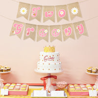 OSNIE Two Groovy Burlap Banner Garland Pink Retro Hippie Pre-strung Swallowtail Hanging Banner Daisy Flower Groovy Peace Sign Boho Girl Party Decorations Photo Props for Baby Girls Second Birthday