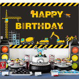 OSNIE Construction Site Theme Banner Happy Birthday Photography Backdrop Excavator Dump Truck Digger Fabric Photo Background Studio Wall Table Decoration Supplies for Kids Boys Birthday (6.6 x 3.8Ft)