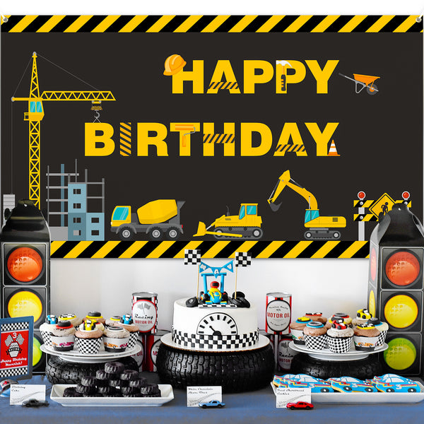 OSNIE Construction Site Theme Banner Happy Birthday Photography Backdrop Excavator Dump Truck Digger Fabric Photo Background Studio Wall Table Decoration Supplies for Kids Boys Birthday (6.6 x 3.8Ft)