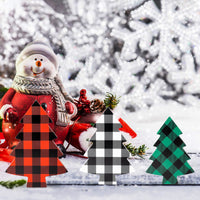 OSNIE 3 Pieces Christmas Tree Buffalo Plaid Tiered Tray Decor Xmas Freestanding Wooden Table Signs Reversible Rustic Wood Centerpiece Tabletop for Christmas Holiday Farmhouse Home Party Decorations