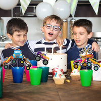 OSNIE 30Pcs Monster Truck Birthday Party Supplies Decorations Hot Wheels Table Toppers Centerpieces with Sticks Checkered Racing Flag Cut Out Big Foot Monster Truck Theme Party Favors for Kids Boys