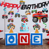 OSNIE Monster Truck Birthday Party Supplies Happy Birthday Banner Hanging Swirls Foil Balloon Cake Topper Centerpiece Table Toppers Big Foot Monster Truck Hot Wheels Birthday Decorations for Kids Boys