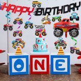 OSNIE Monster Truck Birthday Party Supplies Happy Birthday Banner Hanging Swirls Foil Balloon Cake Topper Centerpiece Table Toppers Big Foot Monster Truck Hot Wheels Birthday Decorations for Kids Boys