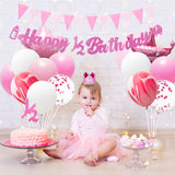OSNIE Half Year Birthday Decorations Kit for Baby Girl- Happy 1/2 Birthday Banner, Triangle Flag Banner, Party Hat, Cake Topper, Foil Latex Balloon for 6 Months Birthday Party Baby Shower Decor(Pink)