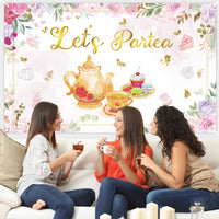 OSNIE Let's Partea Backdrop Banner Floral Tea Party Decorations Supplies for Pink and Gold Bridal Shower Baby Shower Wedding Birthday Party Photography Background Photo Studio Props, 5.9 x 3.6 ft
