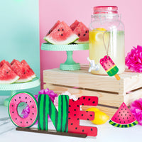 OSNIE Watermelon One Letter Sign Wooden Table Centerpieces with Hanging Banner One in a Melon Party Decor for Baby Boy Girl Summer Fruit Theme 1st Birthday Milestone Baby Shower Cake Smash Photo Prop