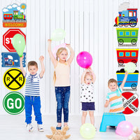 OSNIE 10Pcs Railroad Train Crossing Theme Party Decoration Supplies Railway Steam Train Traffic Sign Cardboard Cutouts Door Sign Banner Porch Sign Classroom Outdoor Indoor Wall Decor for Kids Boys