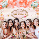 OSNIE 74Pcs Floral Theme Birthday Decoration Supplies Kit , Rose Gold Pink Balloon Arch Garland Happy Birthday Backdrop Banner Cake-shaped Foil Balloons for Birthday Bridal Shower Baby Shower Tea Party
