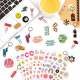 OSNIE 94Pcs Groovy Party Favors Include Retro Hippie Temporary Tattoos Stickers Keychains Brooch Pins Paper Clips Boho Rainbow Daisy Party Supplies for School Rewards Return Gifts Goodie Bag Fillers