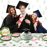 OSNIE 96Pcs Congrats GRAD Party Tableware Set with Hawaii Tropical Aloha Dinner Dessert Plates and Napkins Pink Forks Summer Party Decoration for College Prom 2023 Graduation Party Supplies, 24 Guests