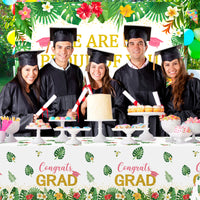 OSNIE 3Pcs Congrats GRAD Party Tablecloths Large Plastic Disposable Waterproof Rectangular Table Cover Hawaii Theme Aloha Grad Party Supplies for Class School 2023 Graduation Party Decoration, 51"×86"