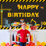 OSNIE Construction Site Theme Banner Happy Birthday Photography Backdrop Excavator Dump Truck Digger Fabric Photo Background Studio Wall Table Decoration Supplies for Kids Boys Birthday (6.6 x 3.8Ft)