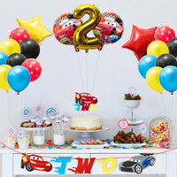 OSNIE 43Pcs Race Car 2nd Birthday Party Decorations Supplies Kit- Gold Number 2 Foil Balloons, Latex Balloons, Pre-Assembled Banner, Felt Cake Topper, Race Car Theme Party Supplies for Two Year Old