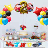 OSNIE 43Pcs Race Car 2nd Birthday Party Decorations Supplies Kit- Gold Number 2 Foil Balloons, Latex Balloons, Pre-Assembled Banner, Felt Cake Topper, Race Car Theme Party Supplies for Two Year Old