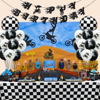 OSNIE Motorcycle Birthday Party Decorations Supplies Kit - Checkered Racing Foil Latex Balloons, Pre-Strung Banner, Cake Toppers, Table Cover, Super Motocross Themed Party Supplies for Boy’s Birthday