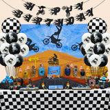 OSNIE Motorcycle Birthday Party Decorations Supplies Kit - Checkered Racing Foil Latex Balloons, Pre-Strung Banner, Cake Toppers, Table Cover, Super Motocross Themed Party Supplies for Boy’s Birthday