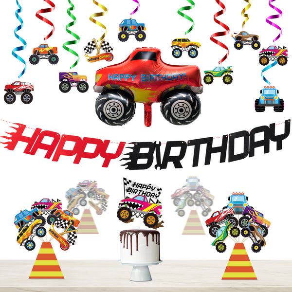OSNIE Monster Truck Birthday Party Supplies Happy Birthday Banner Hanging Swirls Foil Balloon Cake Topper Centerpiece Table Toppers Big Foot Monster Truck Hot Wheels Birthday Decorations for Kids Boys
