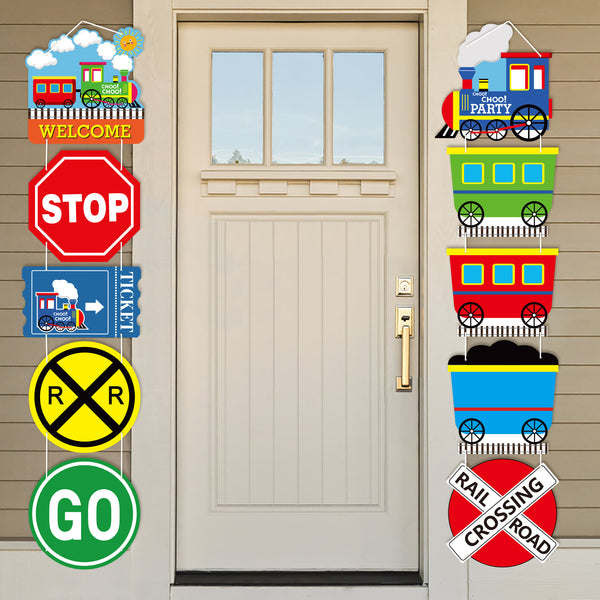 OSNIE 10Pcs Railroad Train Crossing Theme Party Decoration Supplies Railway Steam Train Traffic Sign Cardboard Cutouts Door Sign Banner Porch Sign Classroom Outdoor Indoor Wall Decor for Kids Boys