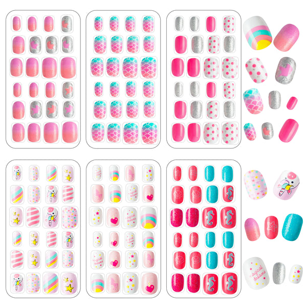 OSNIE 144 Pcs Kids False Nails Press on Nails, Pre-Glue Full Cover Short Fake Nails, Rainbow Gradient Unicorn Mermaid Artificial Nail Tips, Lovely Gifts for Children Little Girls Nail Art Decorations
