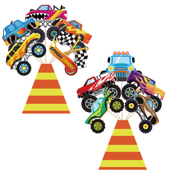 OSNIE 30Pcs Monster Truck Birthday Party Supplies Decorations Hot Wheels Table Toppers Centerpieces with Sticks Checkered Racing Flag Cut Out Big Foot Monster Truck Theme Party Favors for Kids Boys