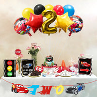 OSNIE 43Pcs Race Car 2nd Birthday Party Decorations Supplies Kit- Gold Number 2 Foil Balloons, Latex Balloons, Pre-Assembled Banner, Felt Cake Topper, Race Car Theme Party Supplies for Two Year Old
