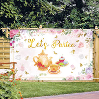 OSNIE Let's Partea Backdrop Banner Floral Tea Party Decorations Supplies for Pink and Gold Bridal Shower Baby Shower Wedding Birthday Party Photography Background Photo Studio Props, 5.9 x 3.6 ft