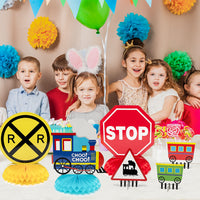 OSNIE 12Pcs Railroad Train Crossing Theme Honeycomb Centerpieces Party Decorations Supplies Railway Steam Train Traffic Sign Happy Birthday Table Topper Choo Choo Train Party Favors Photo Booth Prop