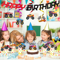 OSNIE Monster Truck Birthday Party Supplies Happy Birthday Banner Hanging Swirls Foil Balloon Cake Topper Centerpiece Table Toppers Big Foot Monster Truck Hot Wheels Birthday Decorations for Kids Boys