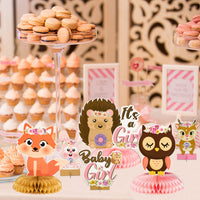 OSNIE 12Pcs Floral Woodland Animals It’s a Girl Honeycomb Centerpieces Baby Shower Party Table Toppers for Baby Girl Woodland Creatures Forest Animal Friends Theme Gender Reveal Table Decorations Supplies