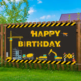 OSNIE Construction Site Theme Banner Happy Birthday Photography Backdrop Excavator Dump Truck Digger Fabric Photo Background Studio Wall Table Decoration Supplies for Kids Boys Birthday (6.6 x 3.8Ft)