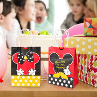 OSNIE 12 PCS Mickey Minnie Goodie Candy Treat Bags Inspired Party Favor Supplies, Mickey Themed Party Handle Paper Bags with Stickers for Kids Birthday Baby Shower Wedding Thanksgiving Gifts