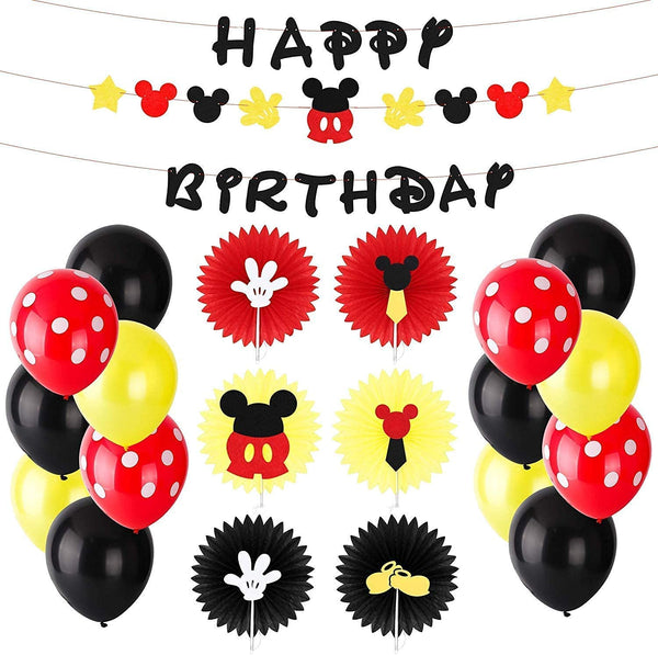 OSNIE Mickey Theme Party Decorations, Mickey Creatures Hanging Paper Fans, Happy Birthday Banner and Garland, Colorful Latex Balloons, Ideas for Kids Birthday Baby Shower Wedding Photo Booth Props