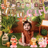 OSNIE 14Pcs Floral Woodland Animals Baby Shower Party Decoration It’s a Girl Party Banner Honeycomb Centerpieces Hanging Swirls for Baby Girl Creatures Forest Animal Theme Gender Reveal Party Supplies