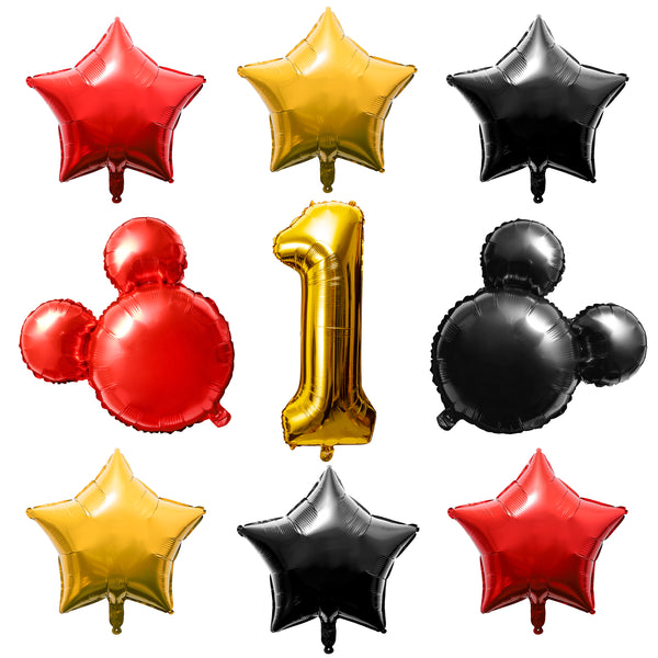 OSNIE 9 Pcs Mickey Balloons 1st Birthday, Giant Number 1 Mickey Head Star-Shaped Balloons Black Yellow Red Foil Mylar Balloons, Mickey Theme Birthday Party Decorations Supplies for 1 Year Old Kids